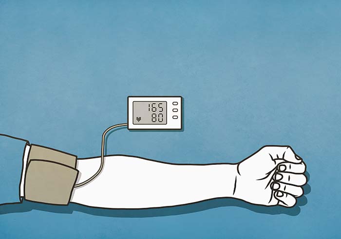 Ilustración de un brazo tomándose la tensión arterial con un tensiómetro automático