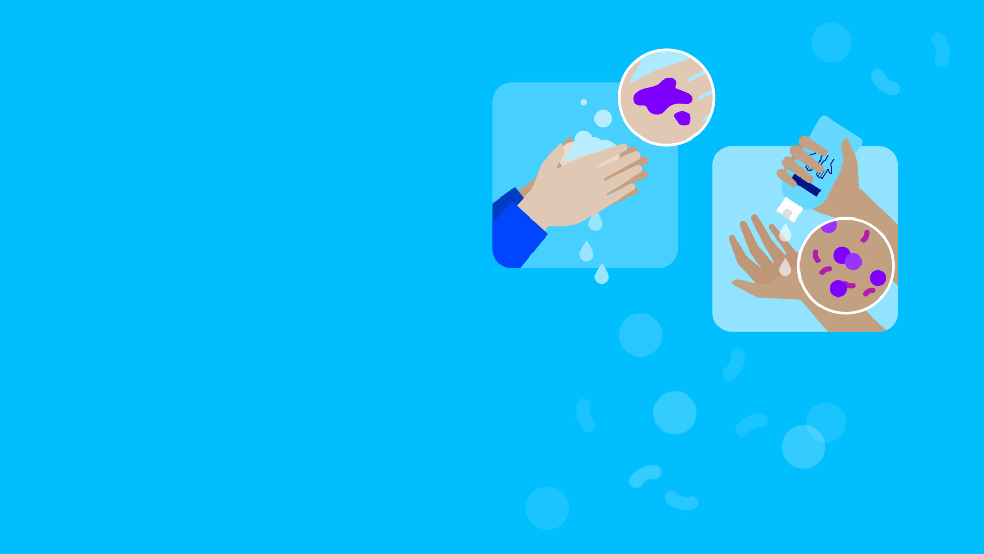 Illustration of hand washing and hand disinfection against a blue background