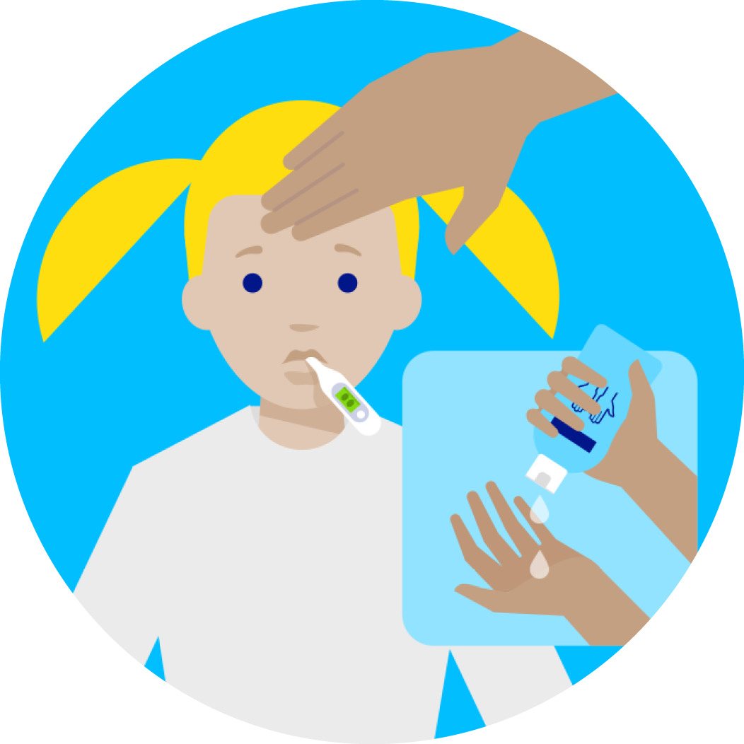 Illustration of a sick child with a thermometer and hand disinfectant
