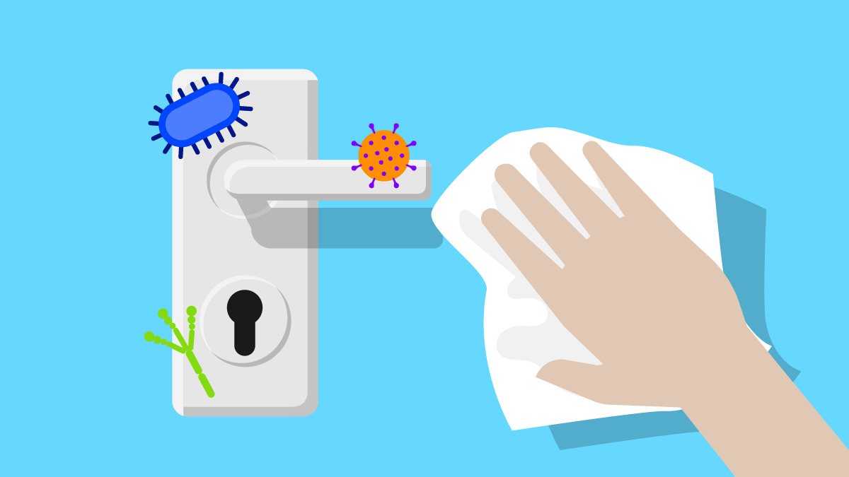 Illustration of a hand disinfecting a door handle with a disinfectant wipe