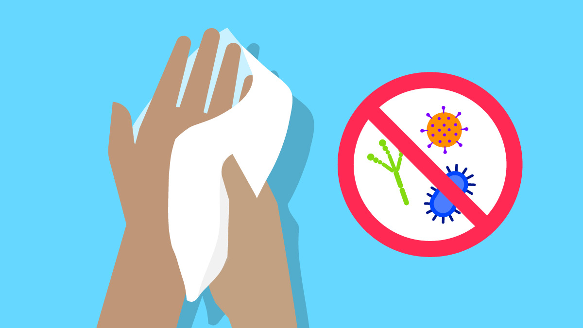  Illustration of a hand being disinfected with a disinfectant wipe