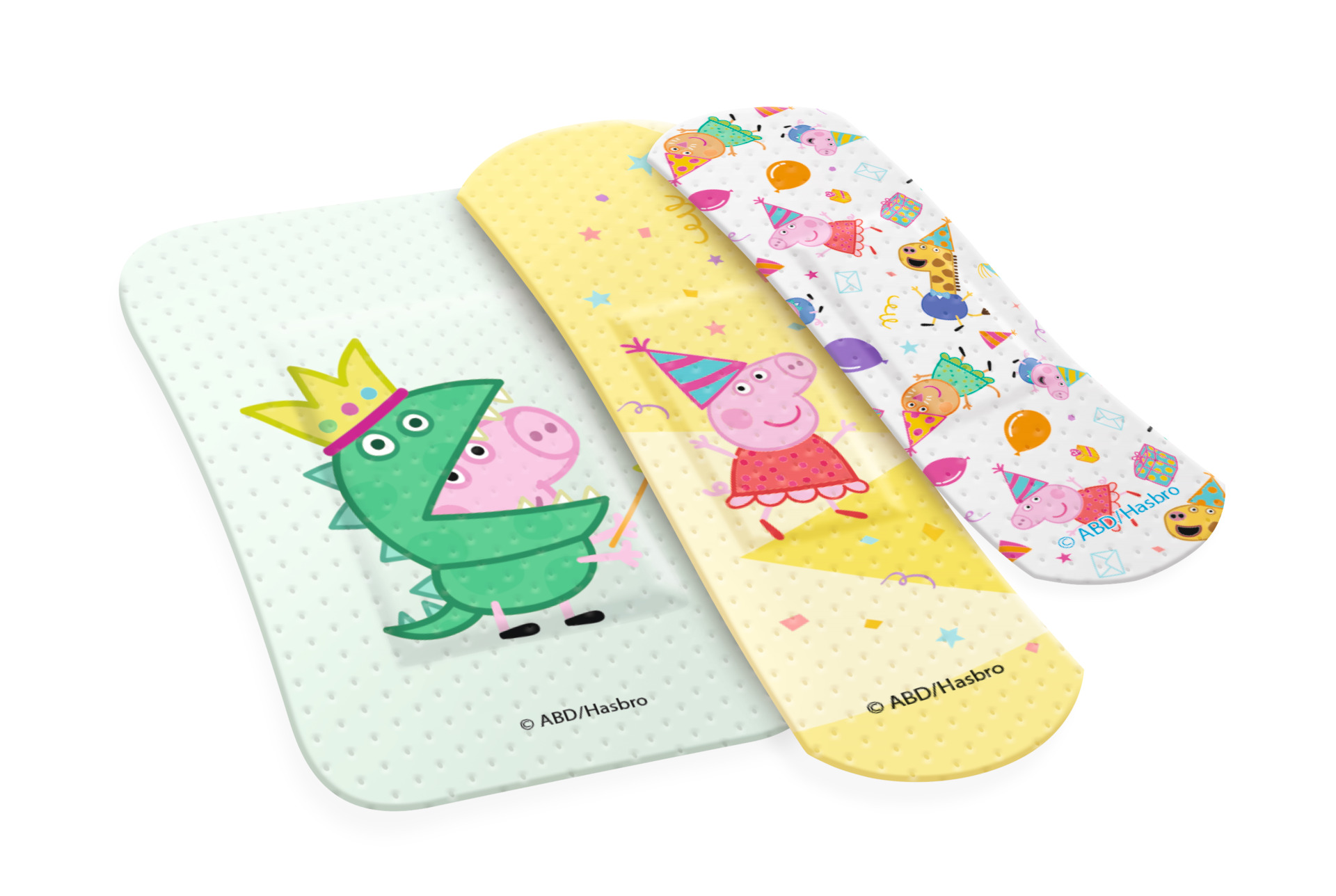  Three colorful children's bandages with playful cartoon designs, featuring a dinosaur with a crown, a pig in a party hat, and assorted animals and balloons.