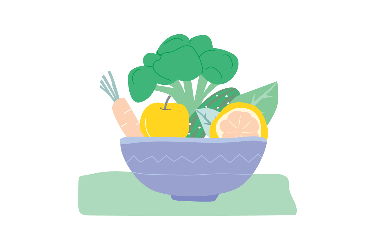 Illustration einer Schale mit Obst und Gemüse.