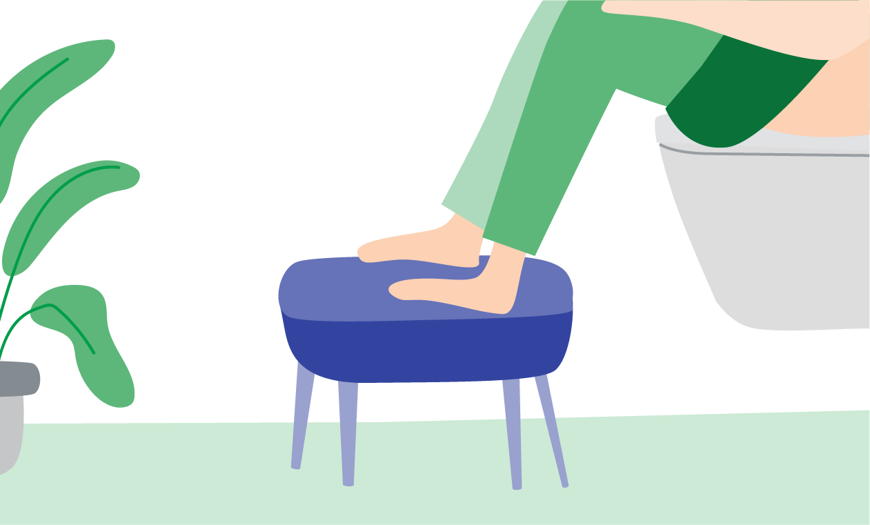 Illustration einer Person, die auf einer Toilette sitzt und ihre Füße auf einen Hocker stellt.