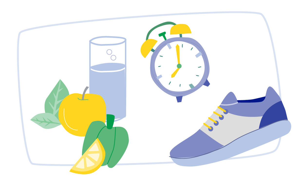 Illustration von einigen Früchten, einem Glas Wasser, einem Wecker und einem Sportschuh.