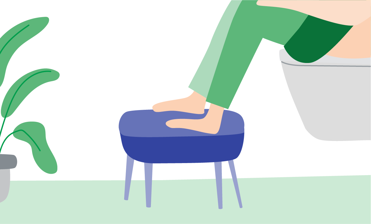 Illustration einer Person, die auf einer Toilette sitzt und ihre Füße auf einen Hocker stellt.